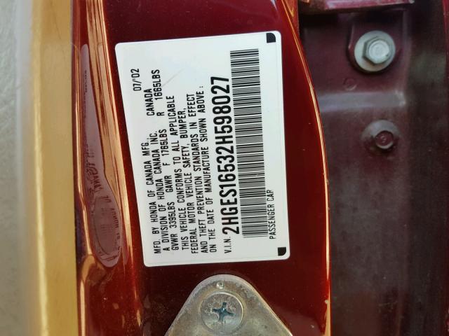 2HGES16532H598027 - 2002 HONDA CIVIC LX RED photo 10