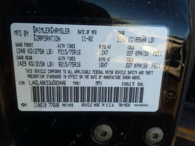 1J4GL48K53W583406 - 2003 JEEP LIBERTY SP BLACK photo 10