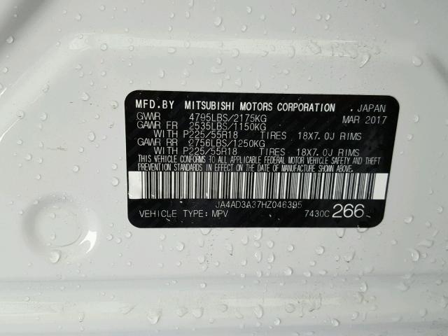 JA4AD3A37HZ046395 - 2017 MITSUBISHI OUTLANDER WHITE photo 10