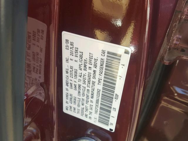 1HGCP26388A102062 - 2008 HONDA ACCORD LX MAROON photo 10