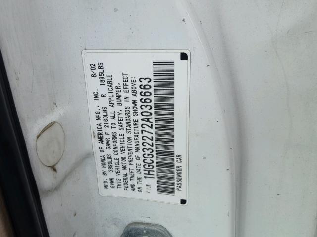 1HGCG32272A036663 - 2002 HONDA ACCORD SE WHITE photo 10