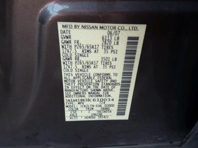 5N1AR18B38C610034 - 2008 NISSAN PATHFINDER GOLD photo 10