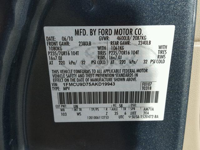 1FMCU9D75AKD19943 - 2010 FORD ESCAPE XLT BLUE photo 10