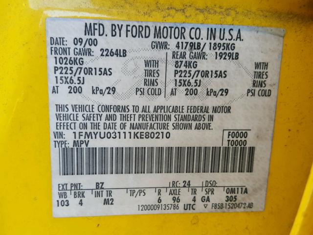 1FMYU03111KE80210 - 2001 FORD ESCAPE XLT YELLOW photo 10