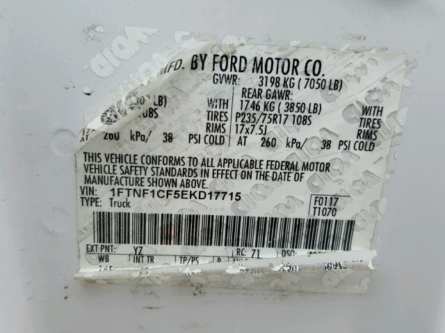 1FTNF1CF5EKD17715 - 2014 FORD F150 WHITE photo 10