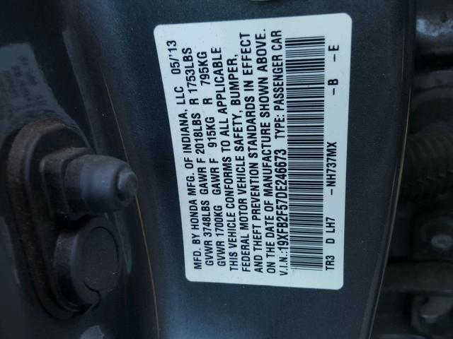 19XFB2F57DE246673 - 2013 HONDA CIVIC LX GRAY photo 10