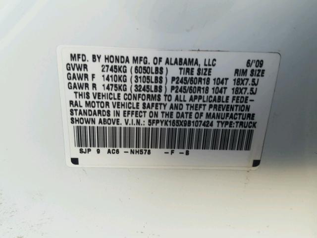 5FPYK165X9B107424 - 2009 HONDA RIDGELINE WHITE photo 10