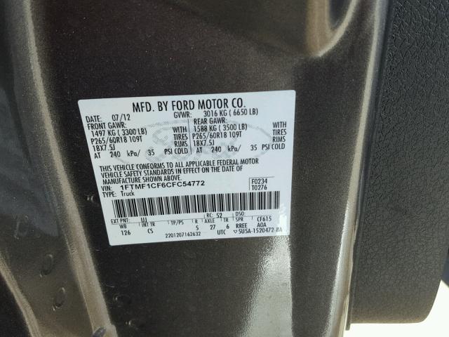 1FTMF1CF6CFC54772 - 2012 FORD F150 GRAY photo 10