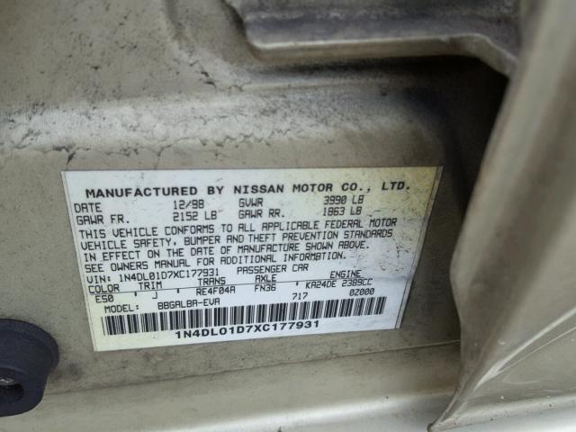 1N4DL01D7XC177931 - 1999 NISSAN ALTIMA XE BEIGE photo 10