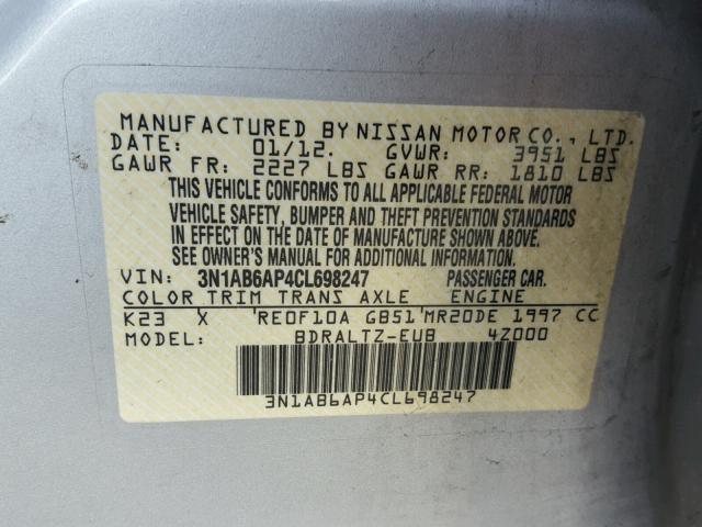 3N1AB6AP4CL698247 - 2012 NISSAN SENTRA 2.0 SILVER photo 10