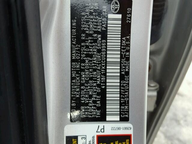 4T18F1FKXCU069969 - 2012 TOYOTA CAMRY SILVER photo 10