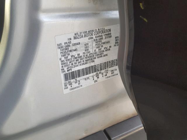 4F2CZ06163KM11706 - 2003 MAZDA TRIBUTE ES SILVER photo 10