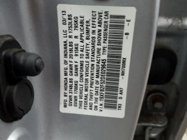 19XFB2F52DE029645 - 2013 HONDA CIVIC LX SILVER photo 10