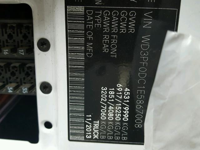 WD3PF0DC1E5867008 - 2014 MERCEDES-BENZ SPRINTER 3 WHITE photo 10