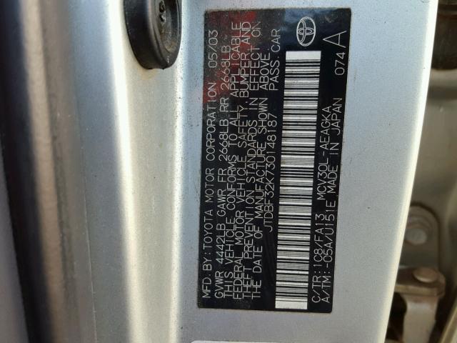 JTDBF32K730148187 - 2003 TOYOTA CAMRY LE ვერცხლისფერი ფოტო 10