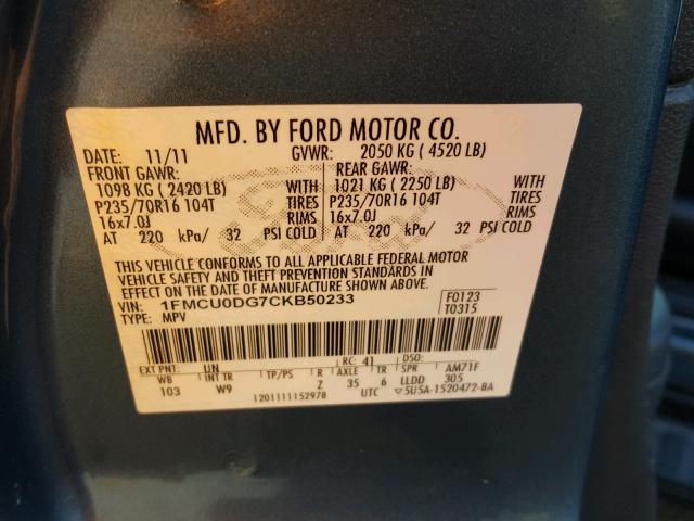 1FMCU0DG7CKB50233 - 2012 FORD ESCAPE XLT BLUE photo 10