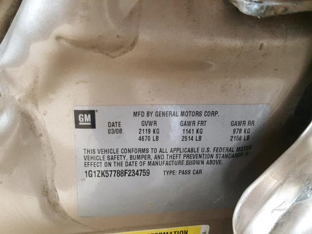 1G1ZK57788F234759 - 2008 CHEVROLET MALIBU LTZ 金色 照片 10
