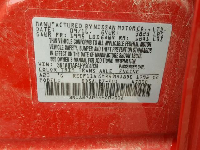 3N1AB7AP4HY204338 - 2017 NISSAN SENTRA S RED photo 10