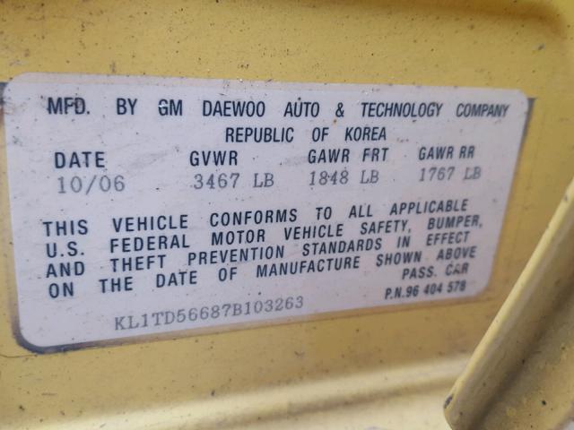 KL1TD56687B103263 - 2007 CHEVROLET AVEO BASE YELLOW photo 10