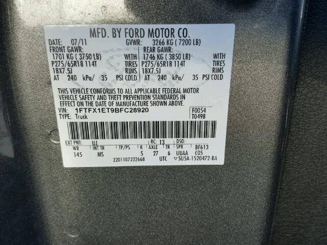 1FTFX1ET9BFC28920 - 2011 FORD F150 SUPER GRAY photo 10