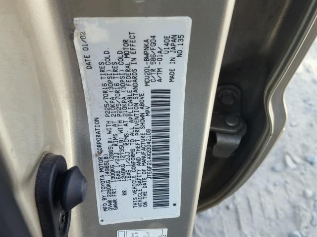 JTEGF21AX20042108 - 2002 TOYOTA HIGHLANDER TAN photo 10