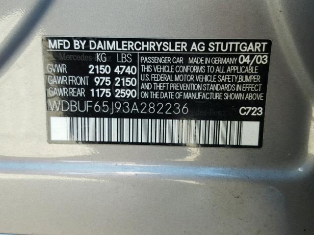 WDBUF65J93A282236 - 2003 MERCEDES-BENZ E 320 GRAY photo 10