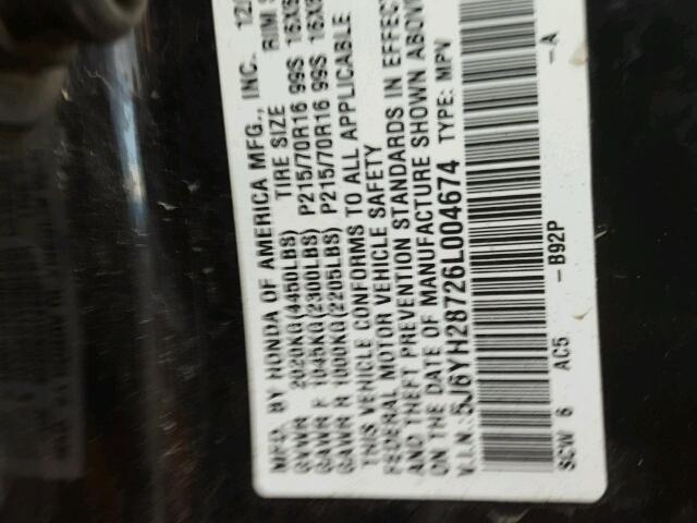 5J6YH28726L004674 - 2006 HONDA ELEMENT EX BLACK photo 10