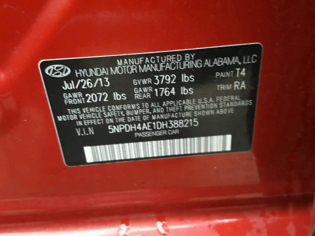 5NPDH4AE1DH388215 - 2013 HYUNDAI ELANTRA GL RED photo 10