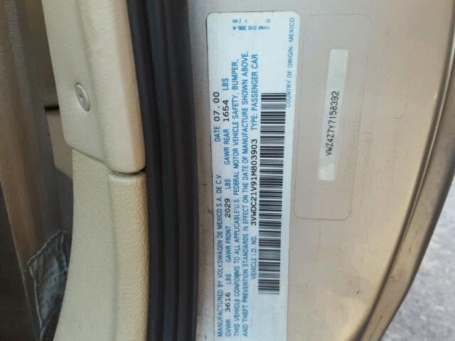 3VWDC21V91M803903 - 2001 VOLKSWAGEN CABRIO GLX 棕色 照片 10