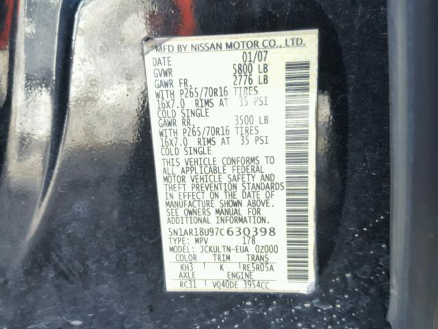 5N1AR18U97C630398 - 2007 NISSAN PATHFINDER BLACK photo 10