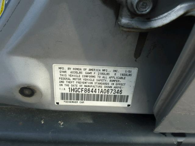 1HGCF86441A067346 - 2001 HONDA ACCORD DX SILVER photo 10