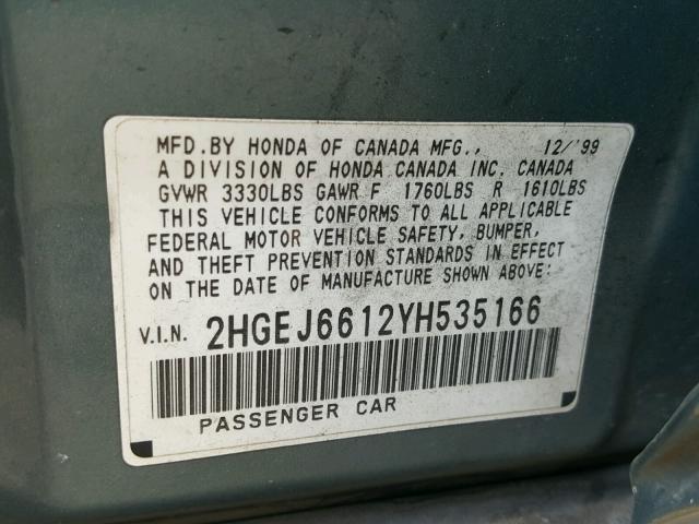 2HGEJ6612YH535166 - 2000 HONDA CIVIC BASE 绿色 照片 10