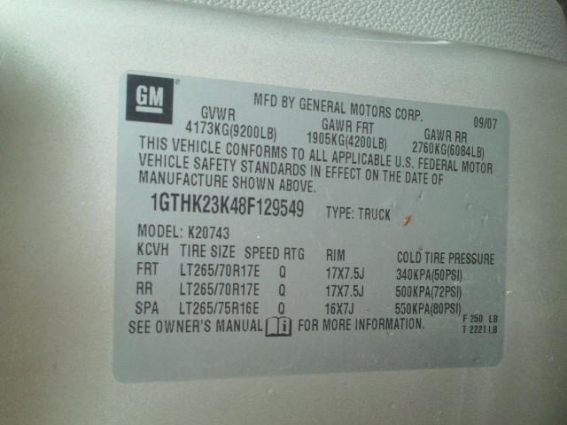 1GTHK23K48F129549 - 2008 GMC SIERRA K25 SILVER photo 10