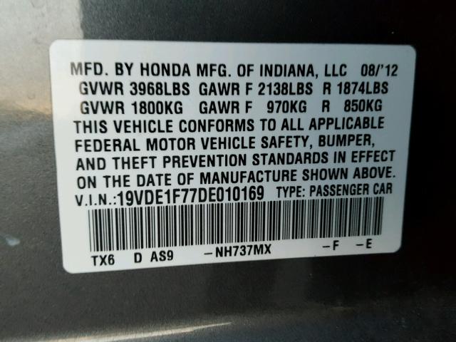 19VDE1F77DE010169 - 2013 ACURA ILX 20 TEC GRAY photo 10