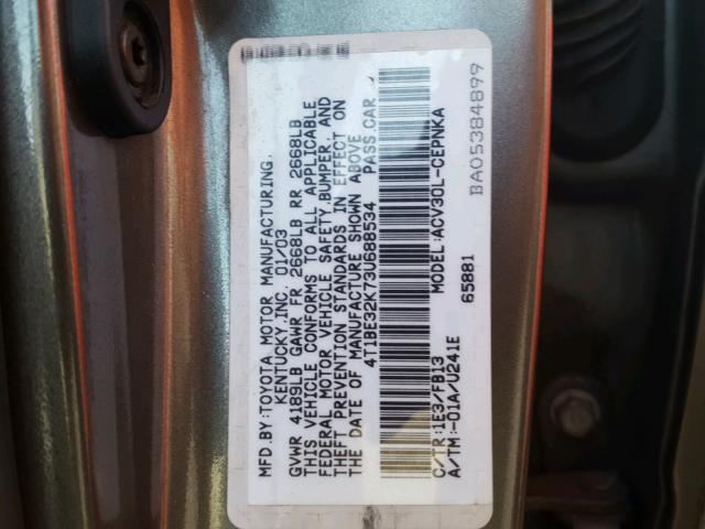 4T1BE32K73U688534 - 2003 TOYOTA CAMRY LE GRAY photo 10