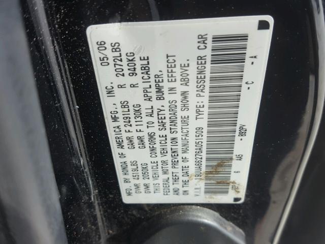 19UUA66276A051509 - 2006 ACURA 3.2TL BLACK photo 10