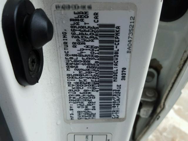 4T1BE32K52U010119 - 2002 TOYOTA CAMRY LE 白色 照片 10
