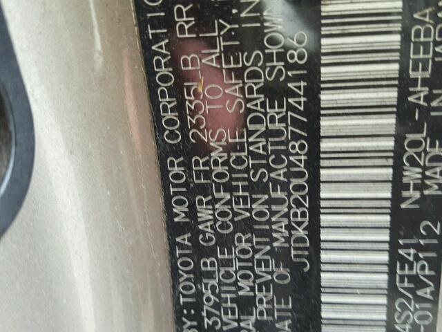 JTDKB20U487744186 - 2008 TOYOTA PRIUS BEIGE photo 10