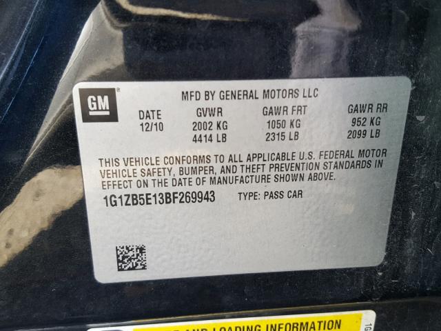 1G1ZB5E13BF269943 - 2011 CHEVROLET MALIBU LS შავი ფოტო 10