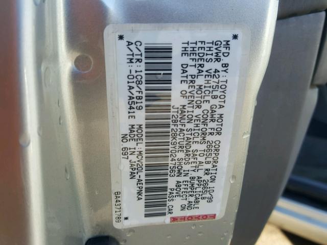 JT2BF28K9Y0247563 - 2000 TOYOTA CAMRY LE ნაცრისფერი ფოტო 10