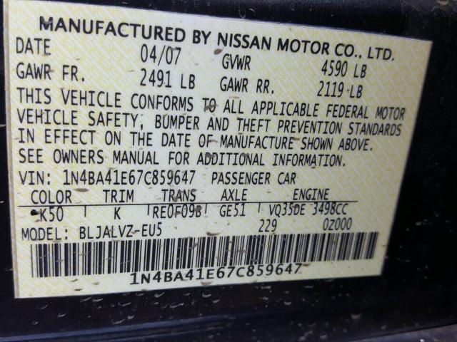 1N4BA41E67C859647 - 2007 NISSAN MAXIMA SE CHARCOAL photo 10