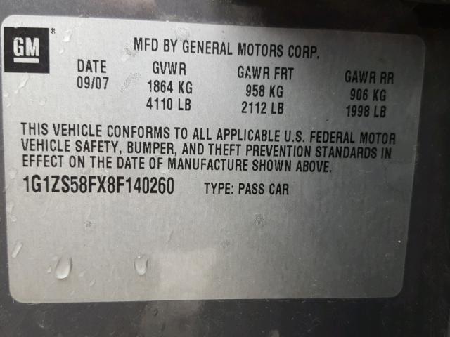 1G1ZS58FX8F140260 - 2008 CHEVROLET MALIBU LS ნაცრისფერი ფოტო 10