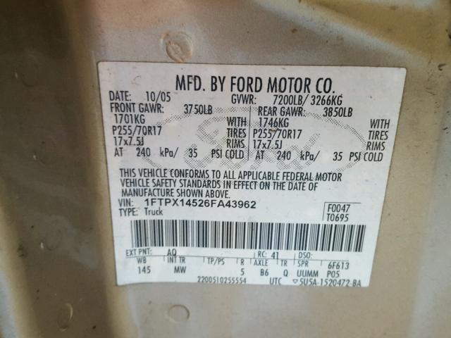 1FTPX14526FA43962 - 2006 FORD F150 BROWN photo 10