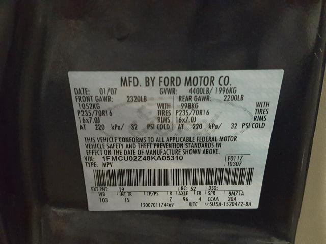 1FMCU02Z48KA05310 - 2008 FORD ESCAPE XLS CHARCOAL photo 10