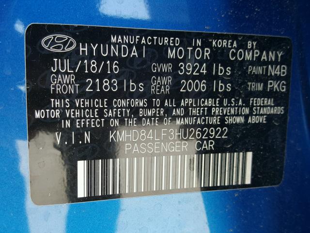 KMHD84LF3HU262922 - 2017 HYUNDAI ELANTRA SE BLUE photo 10