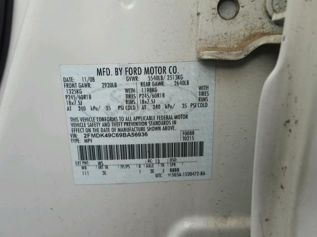 2FMDK49C69BA56936 - 2009 FORD EDGE LIMIT WHITE photo 10