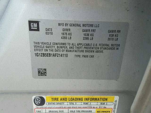 1G1ZB5EB1AF214110 - 2010 CHEVROLET MALIBU LS GRAY photo 10