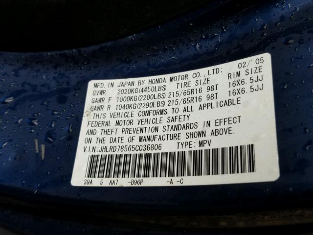 JHLRD78565C036806 - 2005 HONDA CR-V LX BLUE photo 10