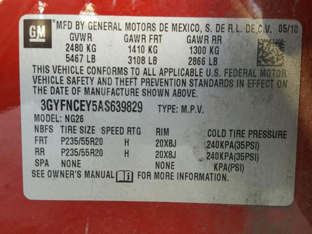 3GYFNCEY5AS639829 - 2010 CADILLAC SRX PREMIU RED photo 10