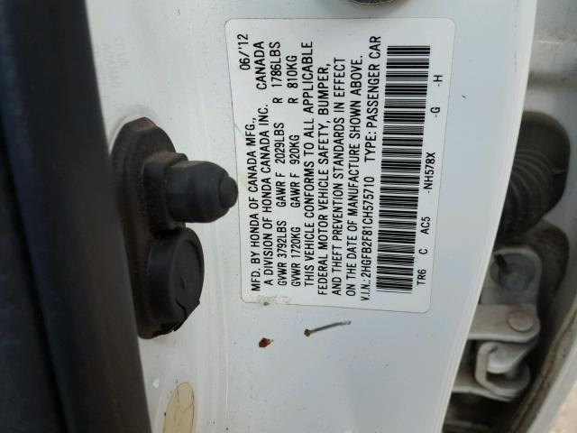 2HGFB2F81CH575710 - 2012 HONDA CIVIC EX WHITE photo 10